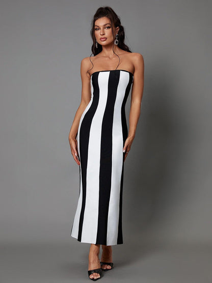 Strapless Vertical Stripe Bandage Column Maxi Dress