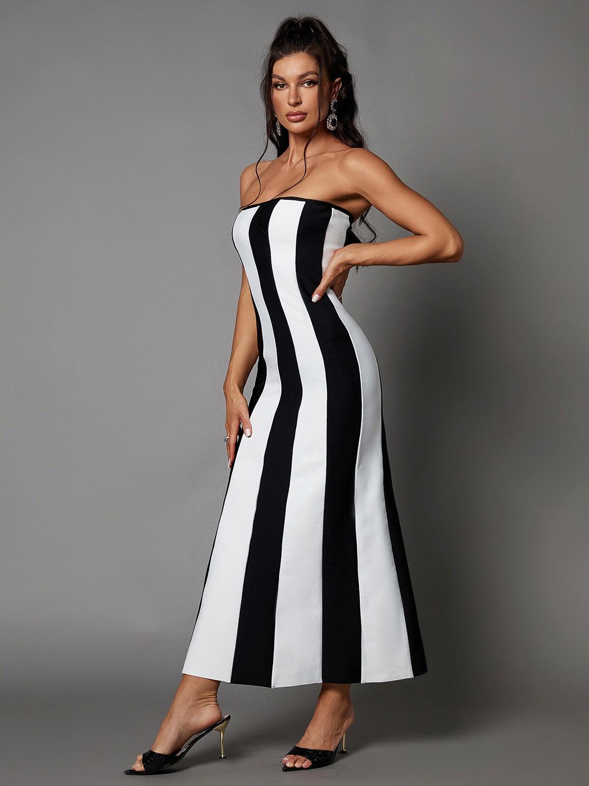 Strapless Vertical Stripe Bandage Column Maxi Dress