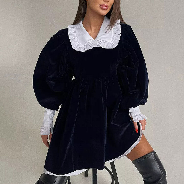 Peter Pan Collar Puff Sleeve Ruffle Cuff Velvet Babydoll Mini Dress