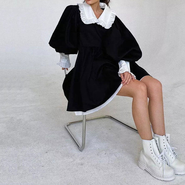 Peter Pan Collar Puff Sleeve Ruffle Cuff Velvet Babydoll Mini Dress