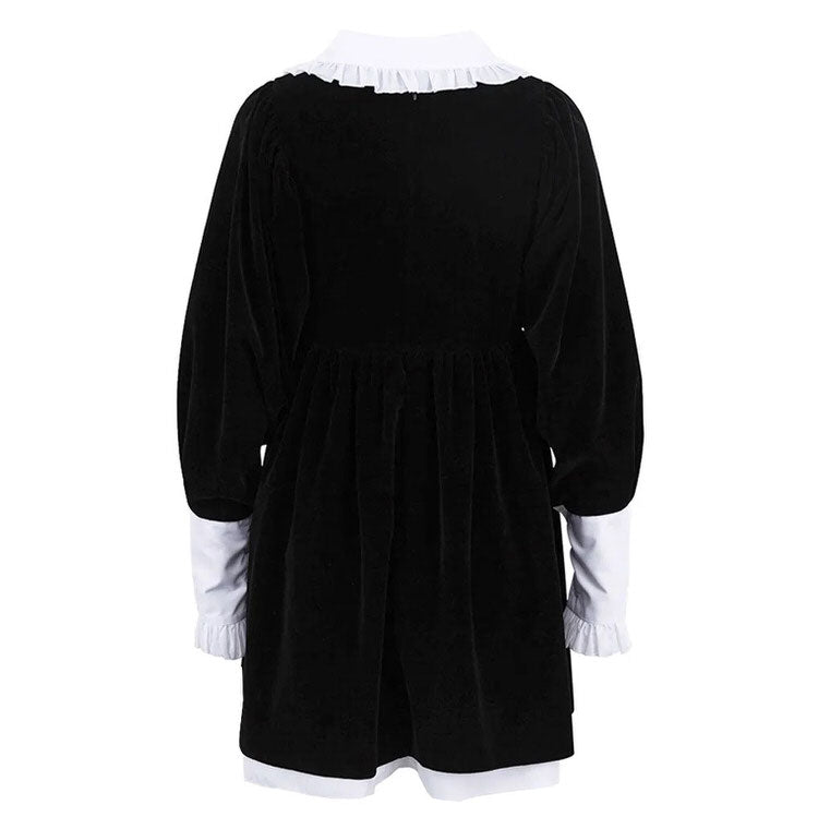 Peter Pan Collar Puff Sleeve Ruffle Cuff Velvet Babydoll Mini Dress