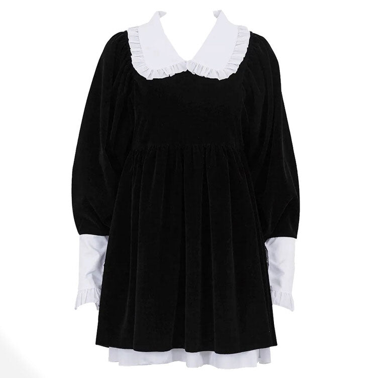 Peter Pan Collar Puff Sleeve Ruffle Cuff Velvet Babydoll Mini Dress