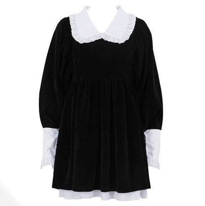 Peter Pan Collar Puff Sleeve Ruffle Cuff Velvet Babydoll Mini Dress