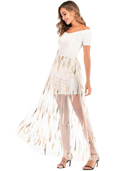 Off-Shoulder Velvet Mini Underlay Sequin Striped Tulle Overlay Maxi Dress