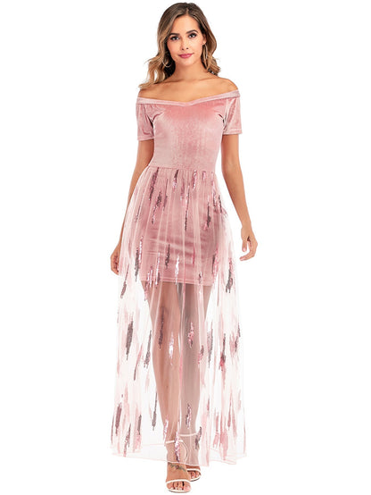 Off-Shoulder Velvet Mini Underlay Sequin Striped Tulle Overlay Maxi Dress