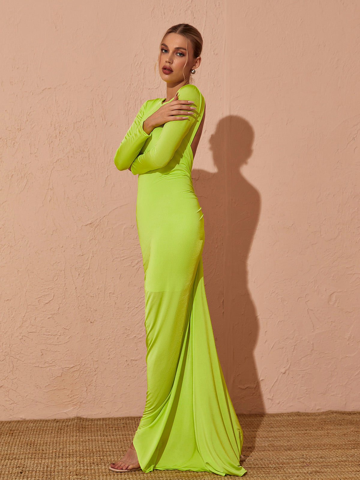 Long Sleeve Deep V Back Ruched Seam Column Maxi Dress