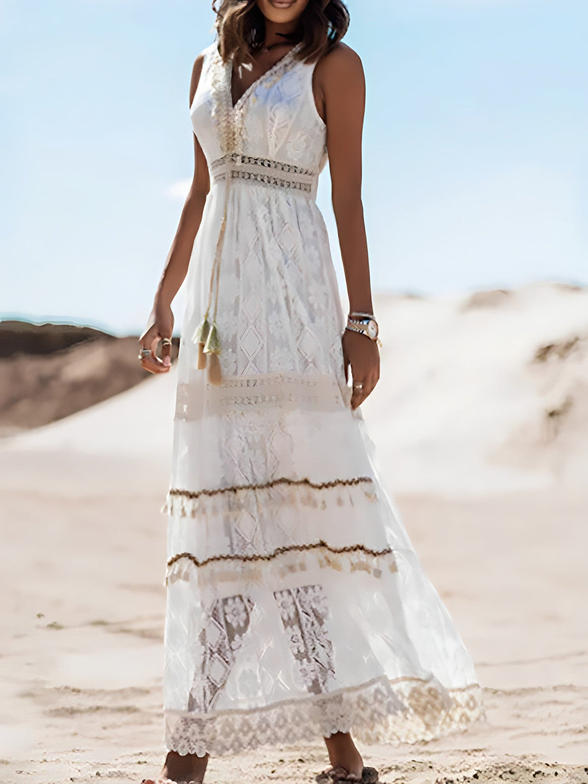 Crochet Lace Tiered Scalloped Hem Side Slit Maxi Dress