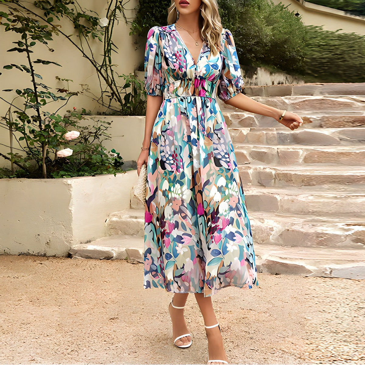 Watercolor Floral Deep V-Neck Puff Sleeve Smocked Waist Midi Dress