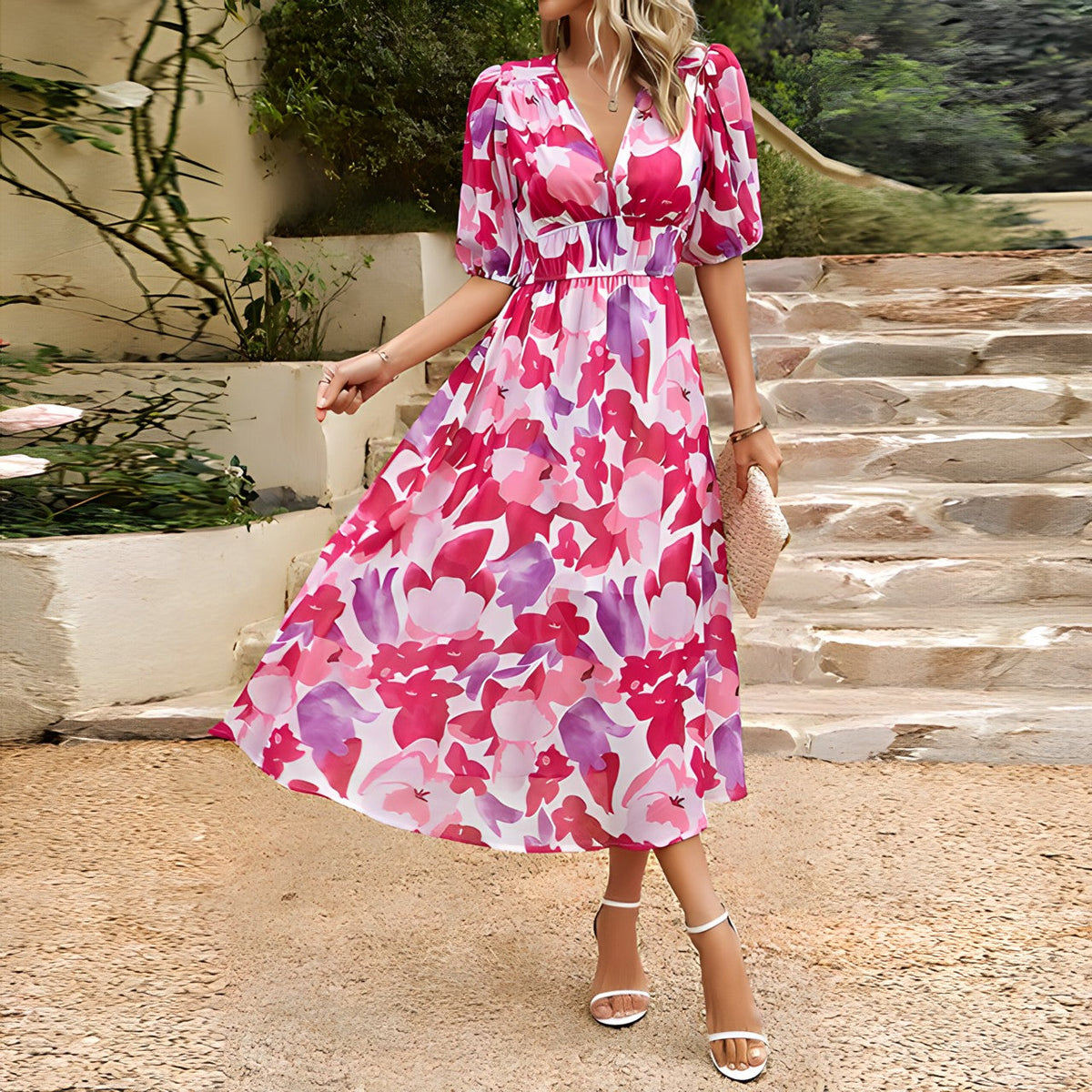 Watercolor Floral Deep V-Neck Puff Sleeve Smocked Waist Midi Dress