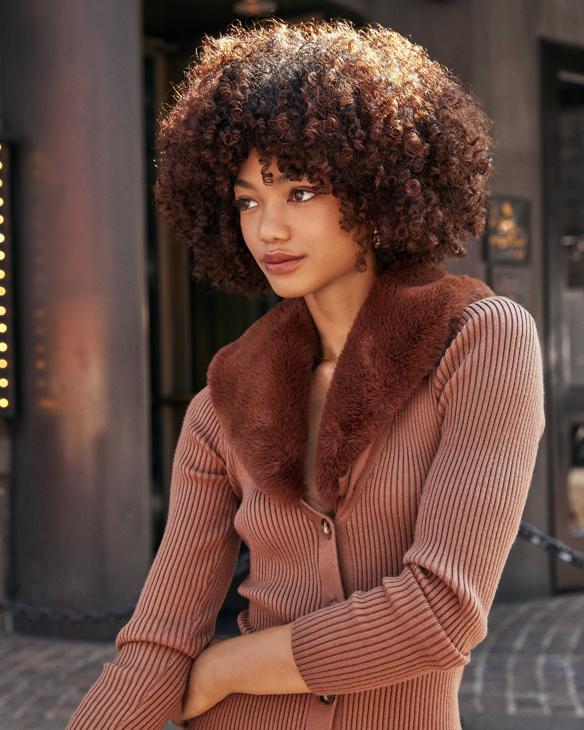 Long Sleeve Rib Knit Button Front Midi Dress with Faux Fur Collar