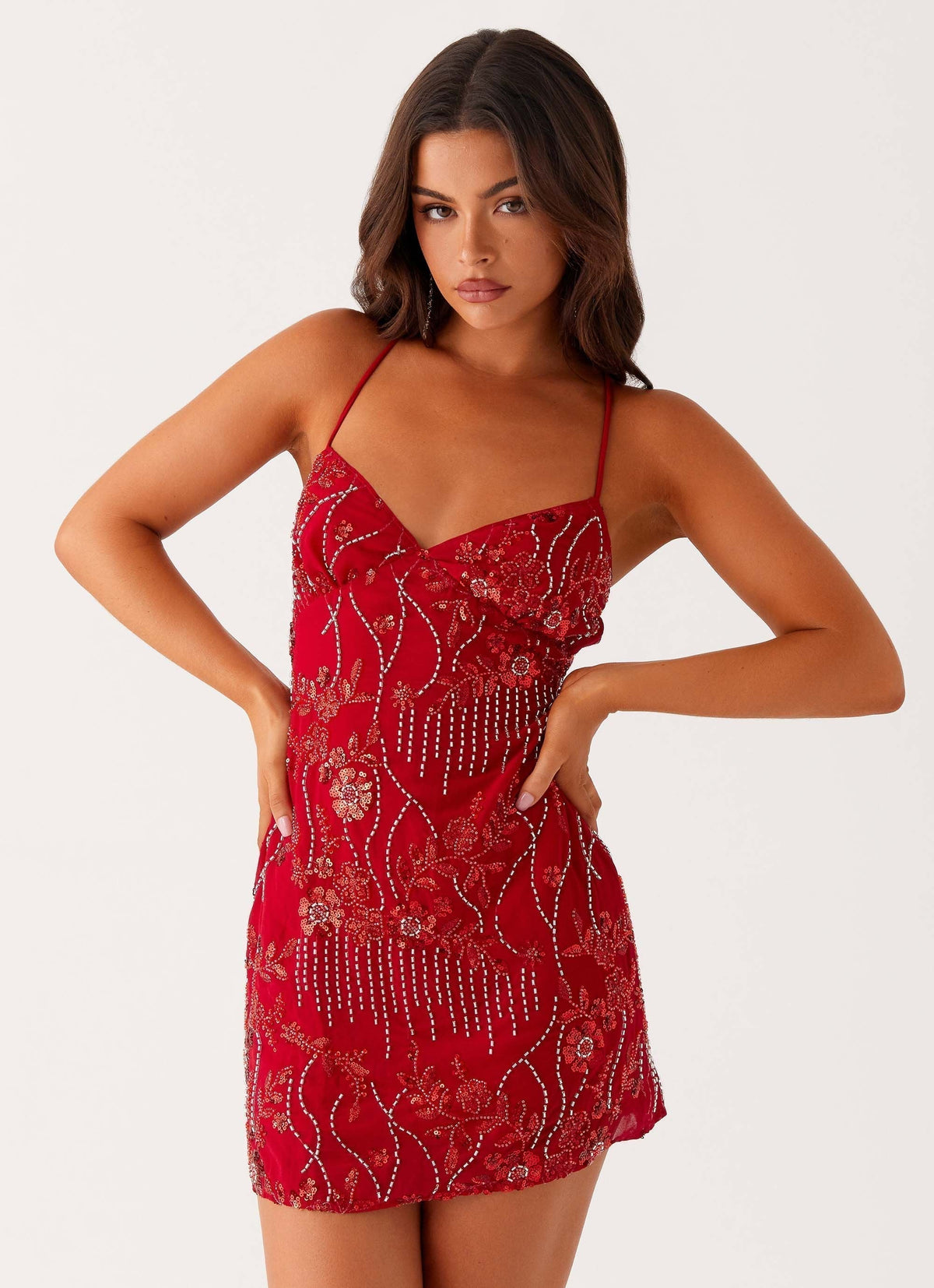 Beaded Sequin Spaghetti Strap Sweetheart Neck Bodycon Mini Dress