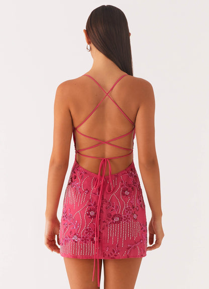 Bustier Spaghetti Strap Floral Sequin Beaded Mini Dress