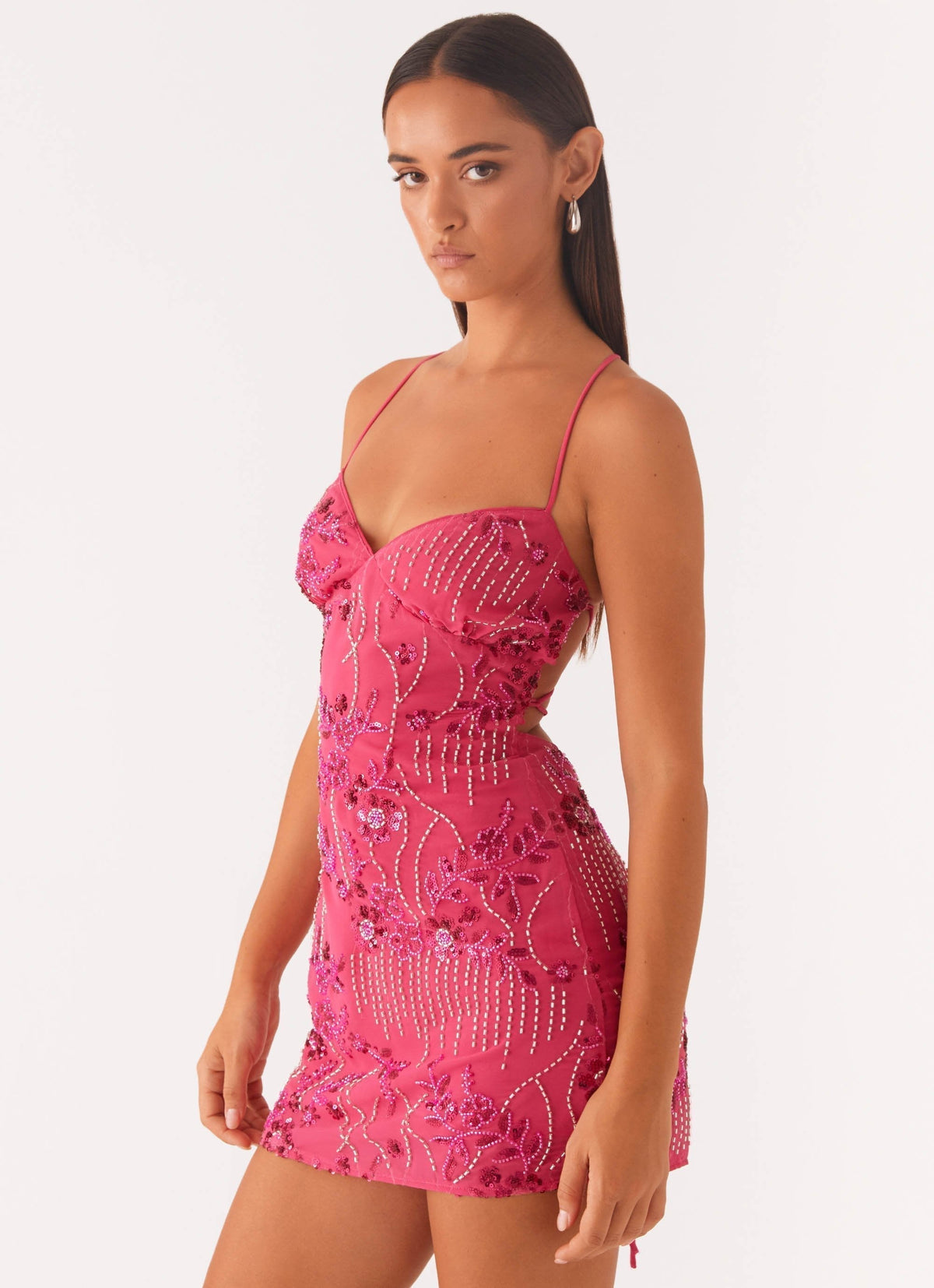 Bustier Spaghetti Strap Floral Sequin Beaded Mini Dress