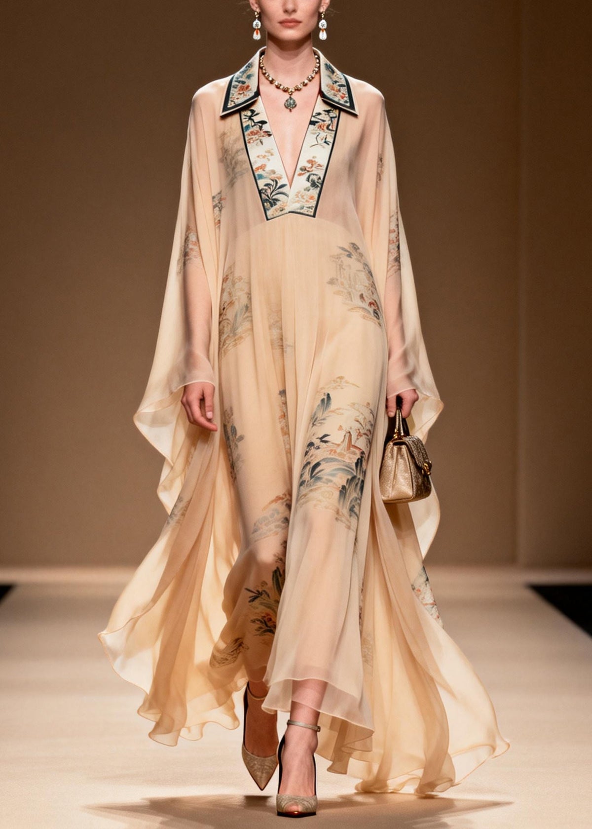 Deep V-Neck Lace Trim Collar Landscape Print Billowy Sleeve Maxi Kaftan Dress