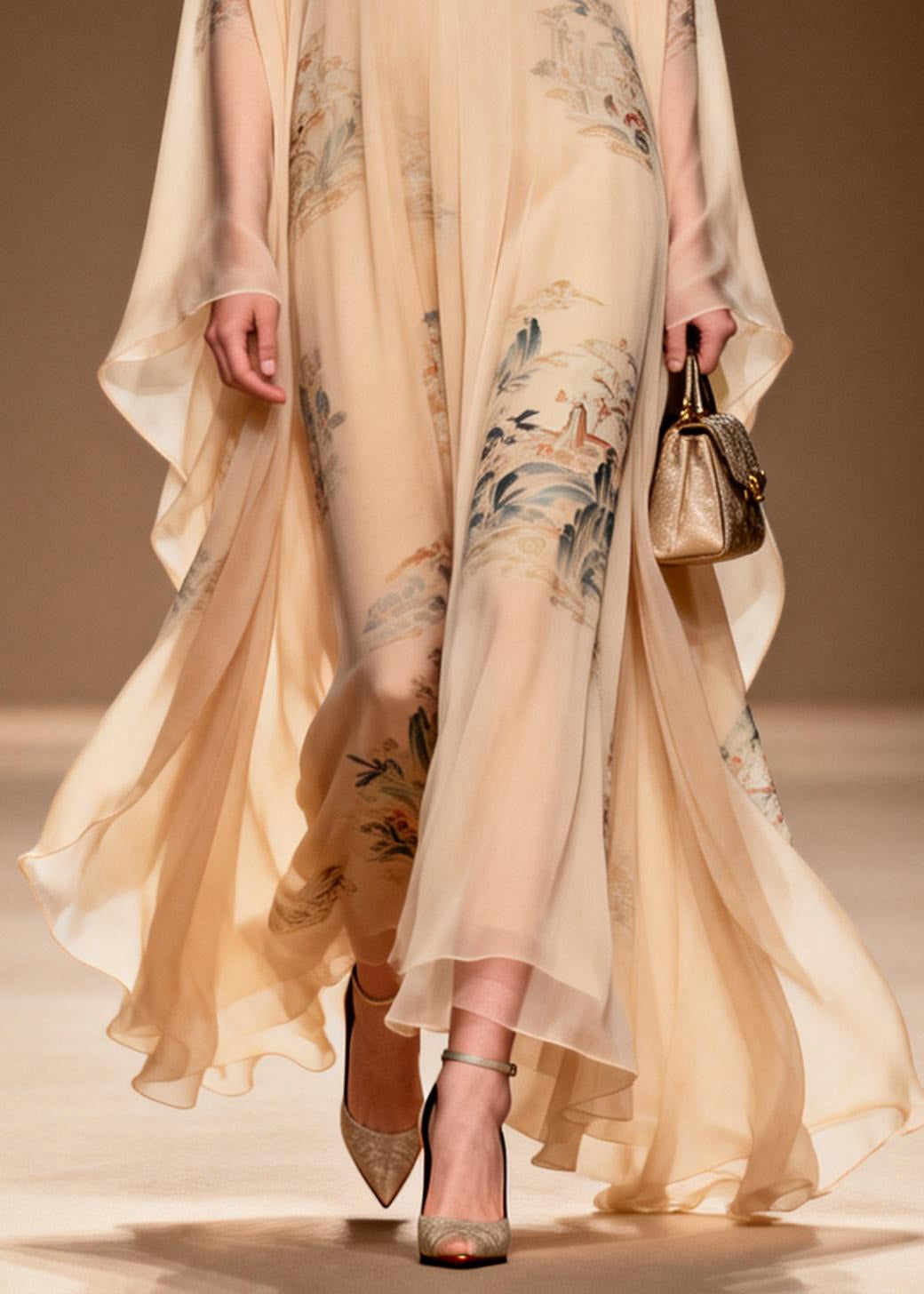 Deep V-Neck Lace Trim Collar Landscape Print Billowy Sleeve Maxi Kaftan Dress