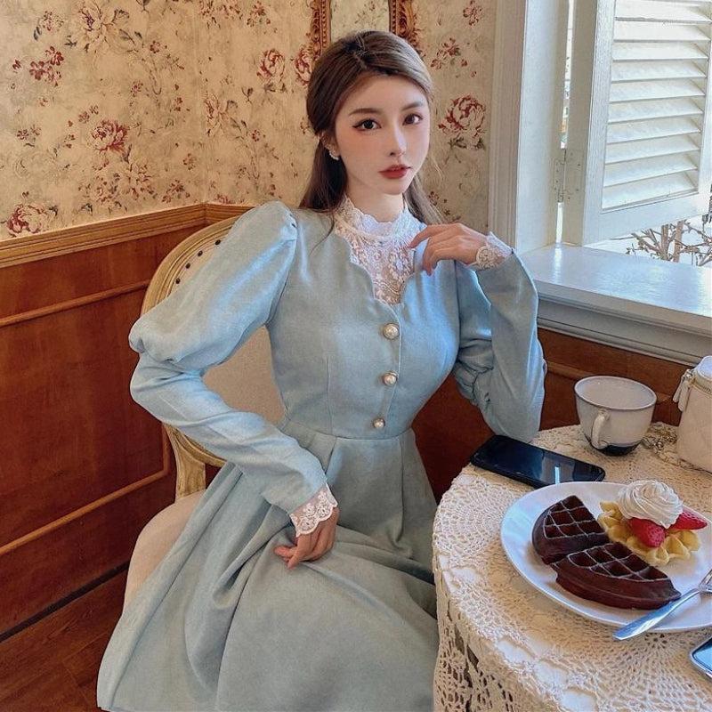 Lace Insert Mock Neck Pearl Button Puff Sleeve A-Line Midi Dress