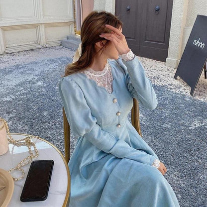 Lace Insert Mock Neck Pearl Button Puff Sleeve A-Line Midi Dress