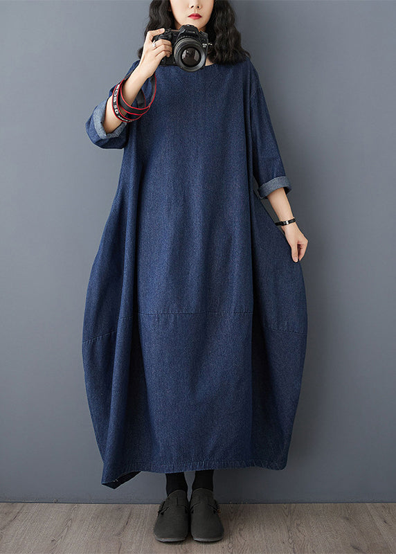 Round Neck Drop Shoulder Lantern Silhouette Denim Maxi Dress