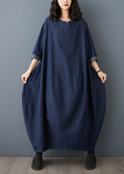 Round Neck Drop Shoulder Lantern Silhouette Denim Maxi Dress