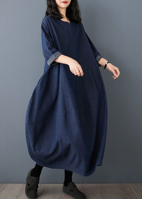 Round Neck Drop Shoulder Lantern Silhouette Denim Maxi Dress