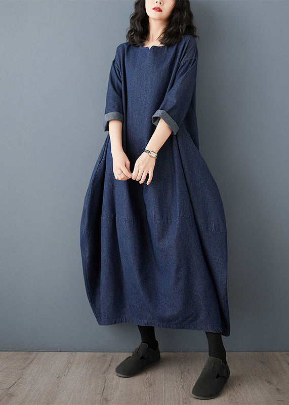 Round Neck Drop Shoulder Lantern Silhouette Denim Maxi Dress