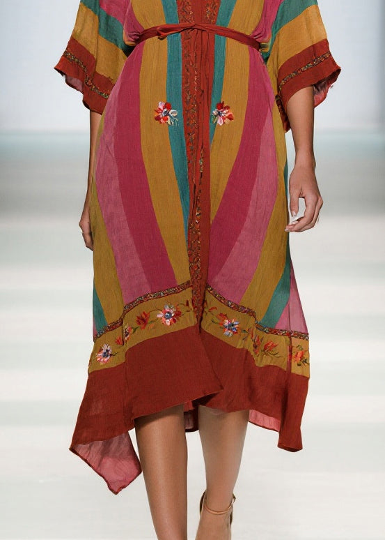 Deep V-Neck Tie-Waist Kimono Sleeve Vertical Stripe Floral Border Hem Midi Dress