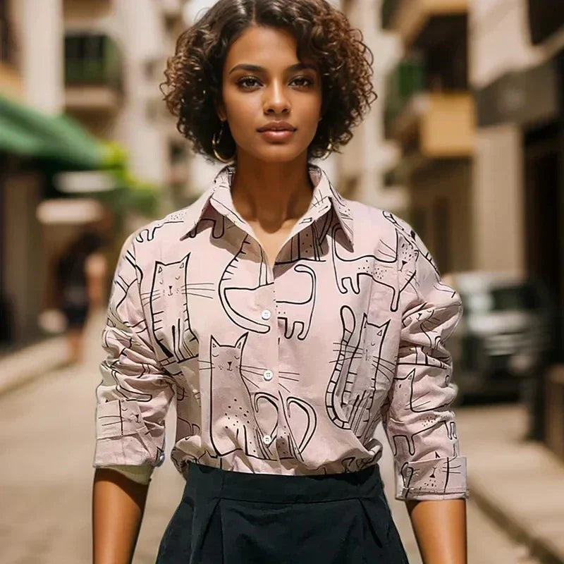 Cat Print Long Sleeve Vintage Casual Blouse