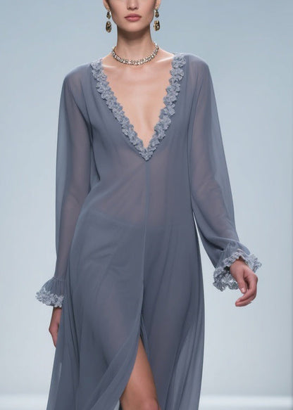 Deep V-Neck Lace Applique Bishop Sleeve Front Slit Sheer Chiffon Maxi Gown