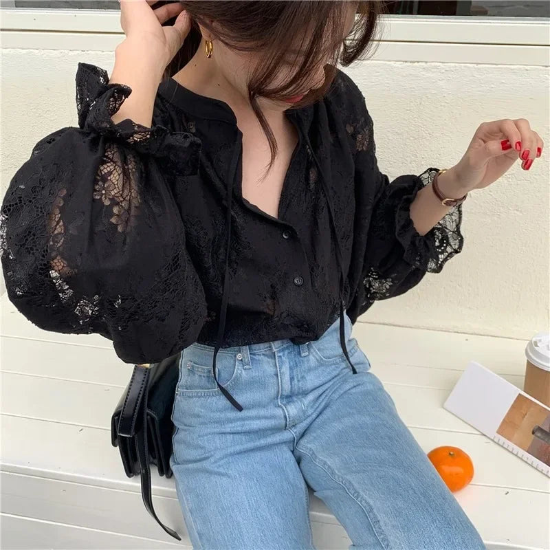 Vintage Hook Hollow Flower Lace Lantern Sleeve Blouse