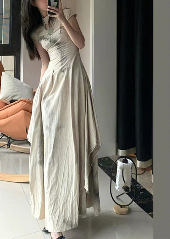 Mandarin Collar Short Sleeve Ink Wash Print Pleated Cheongsam Maxi Dress