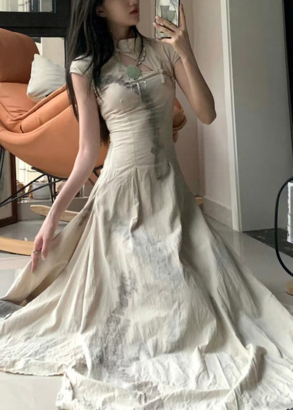 Mandarin Collar Short Sleeve Ink Wash Print Pleated Cheongsam Maxi Dress