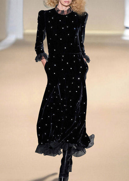 Round Neck Rhinestone Studded Long Sleeve Ruffle Collar Cuff Velvet Maxi Dress