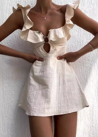 Ruffle Strap Keyhole Button Front Linen Fit-and-Flare Mini Dress
