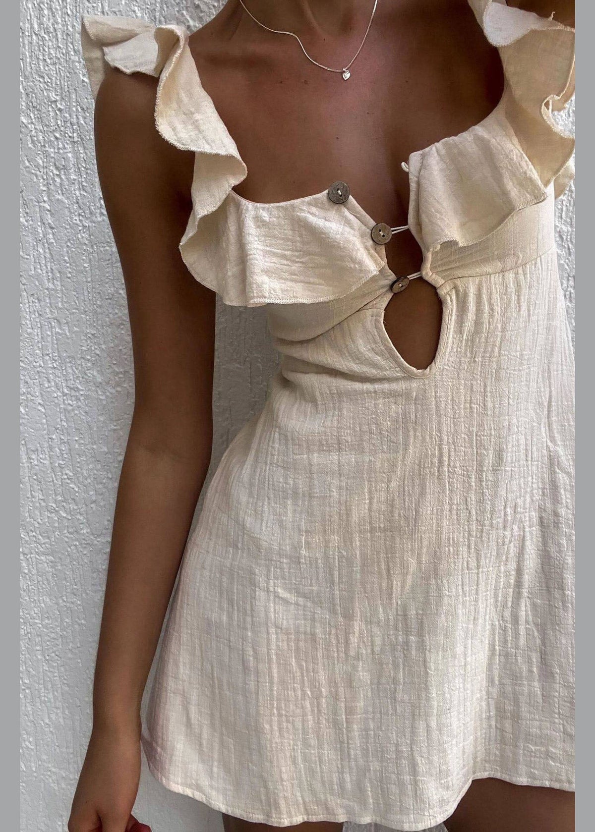 Ruffle Strap Keyhole Button Front Linen Fit-and-Flare Mini Dress
