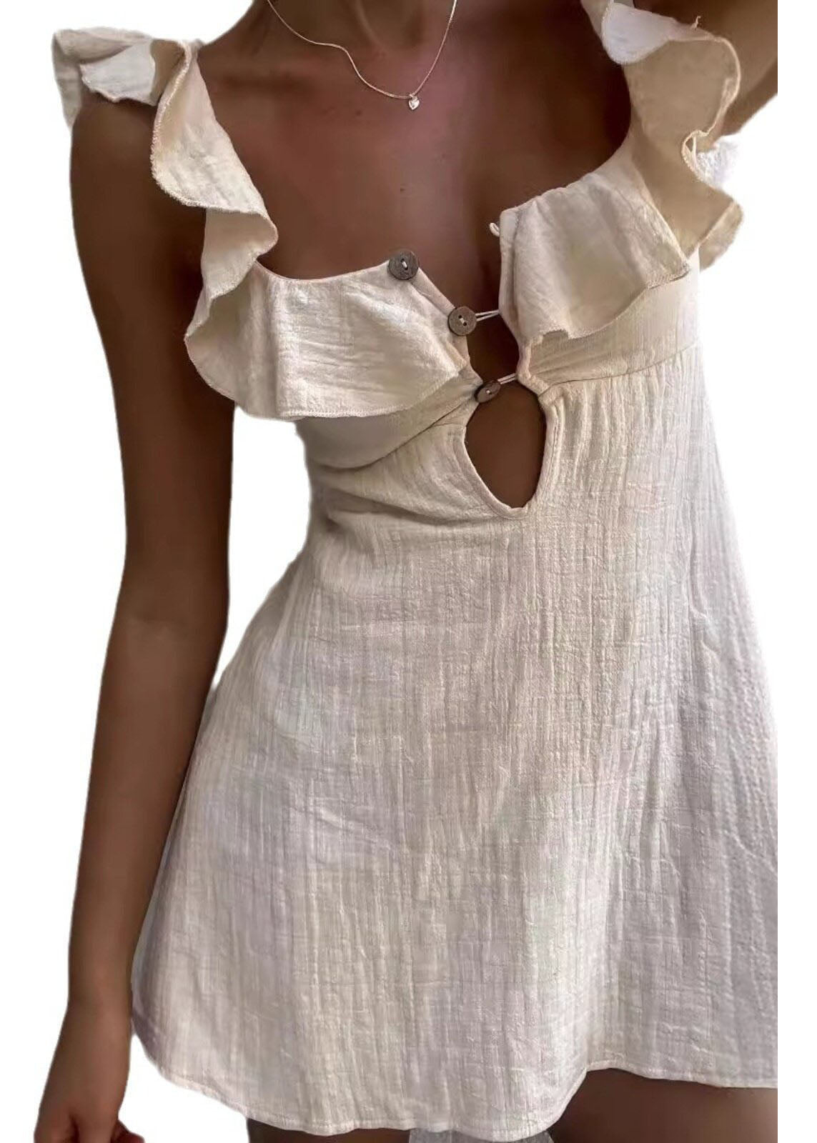 Ruffle Strap Keyhole Button Front Linen Fit-and-Flare Mini Dress