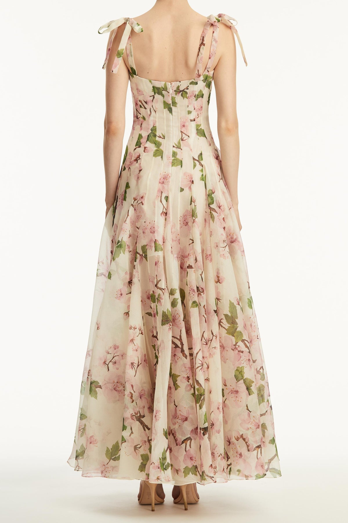 Botanical Print Corset Bodice Spaghetti Strap A-Line Maxi Gown