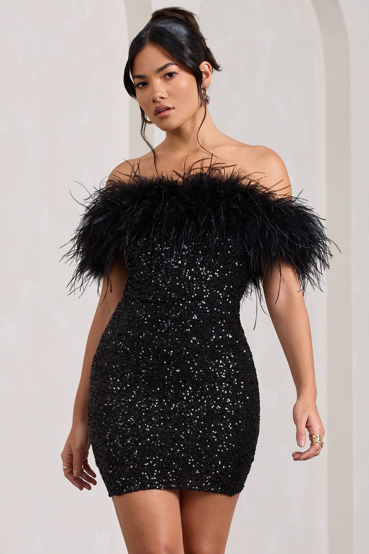 Off Shoulder Feather Trim Sequin Bodycon Mini Dress