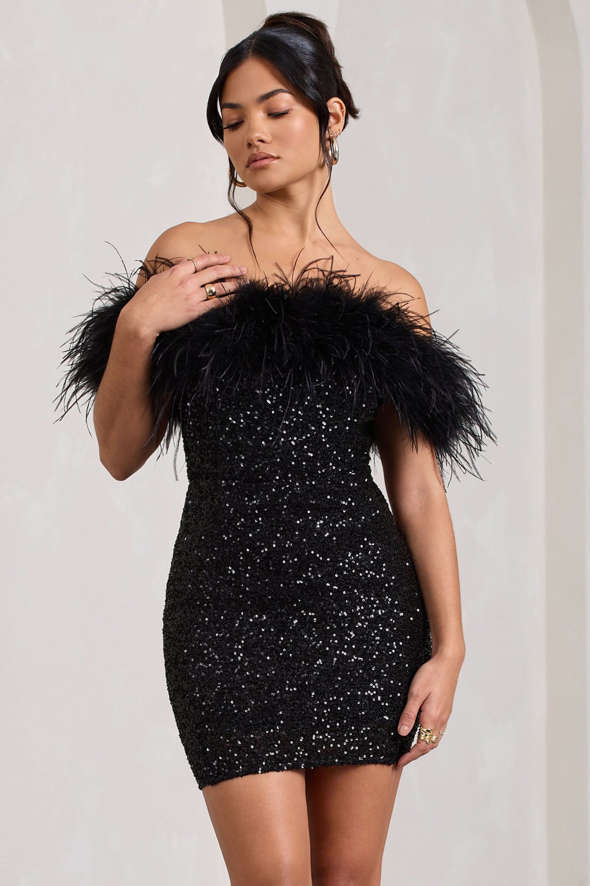 Off Shoulder Feather Trim Sequin Bodycon Mini Dress