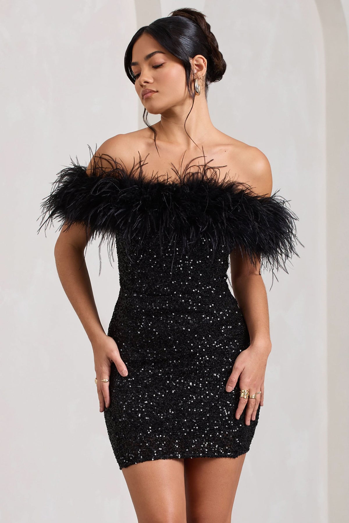 Off Shoulder Feather Trim Sequin Bodycon Mini Dress