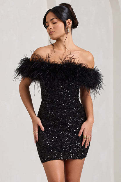 Off Shoulder Feather Trim Sequin Bodycon Mini Dress