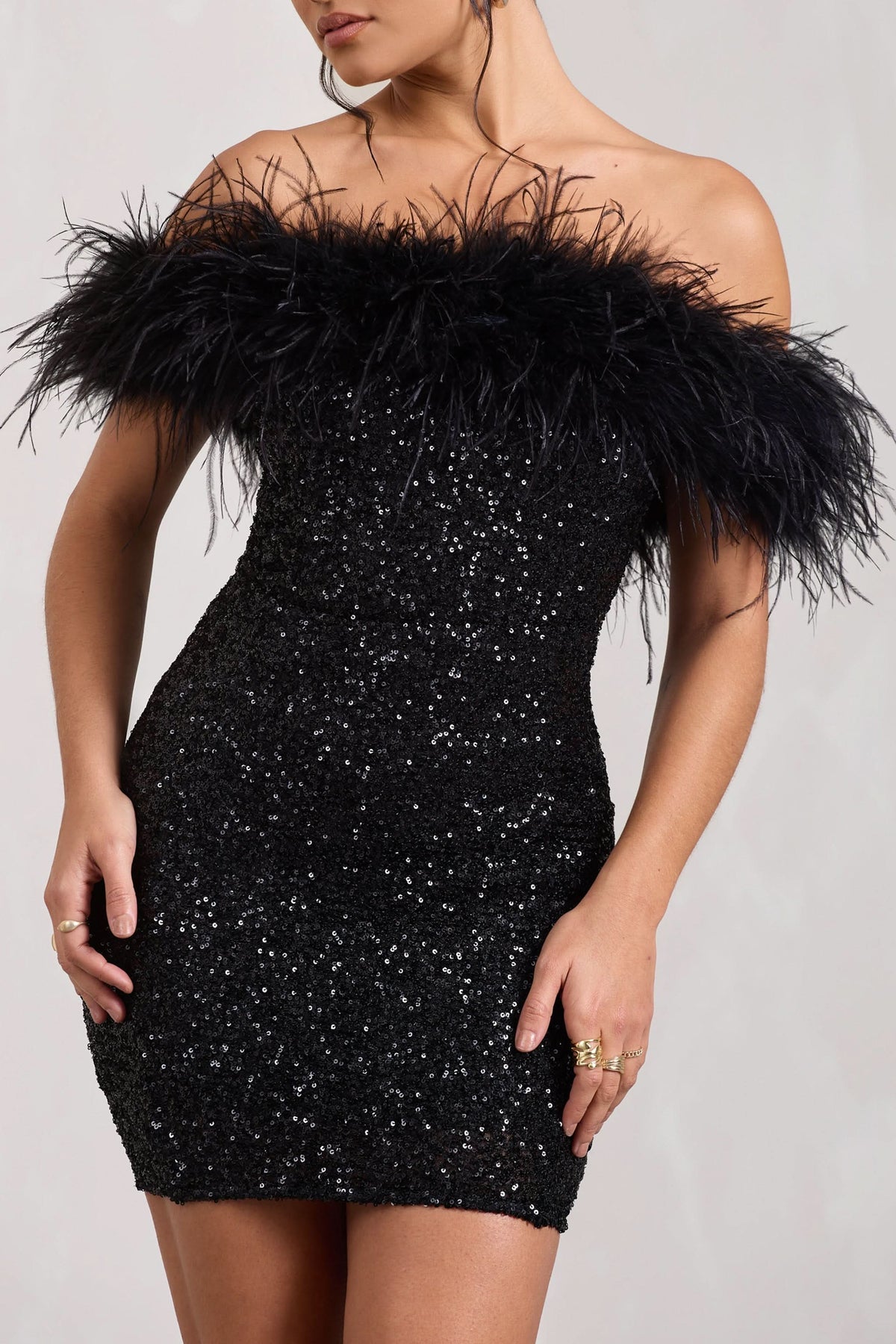 Off Shoulder Feather Trim Sequin Bodycon Mini Dress