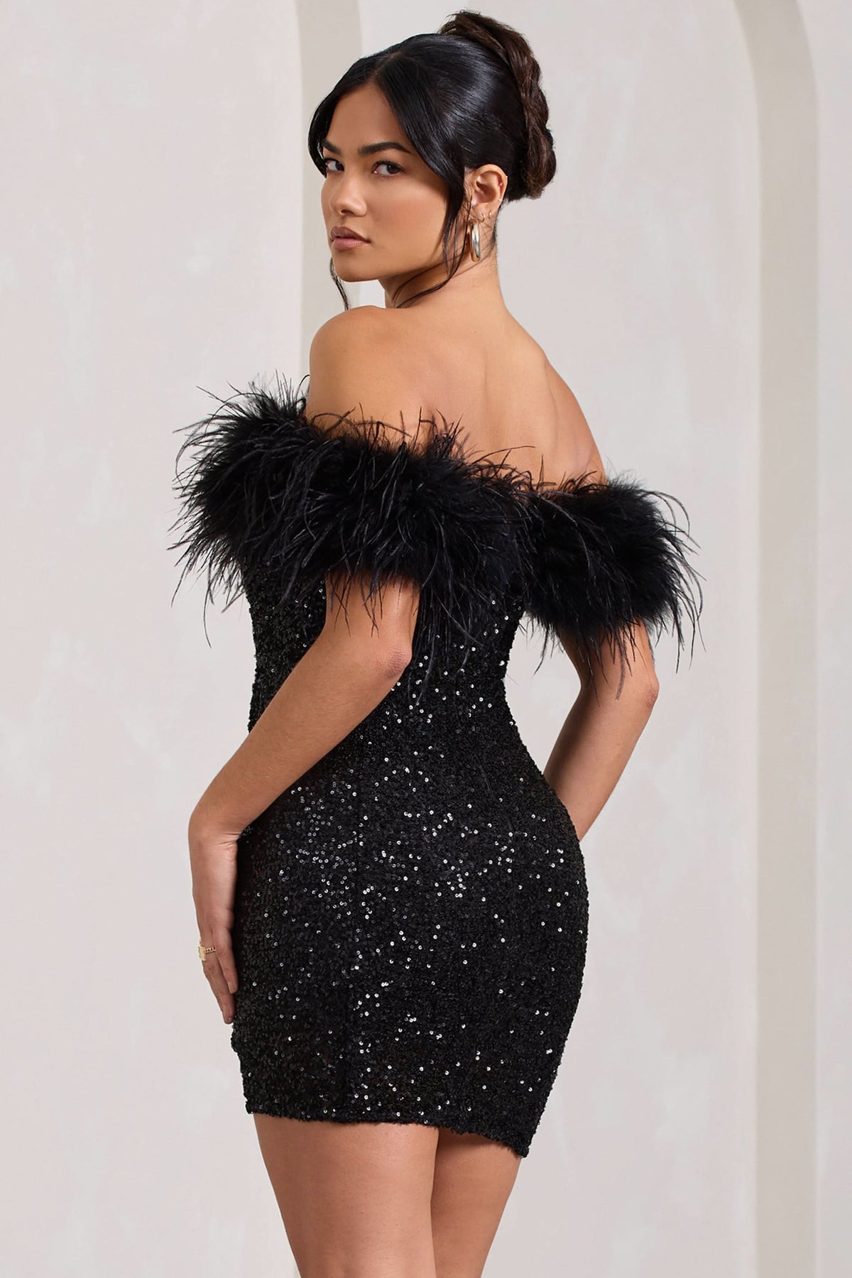 Off Shoulder Feather Trim Sequin Bodycon Mini Dress