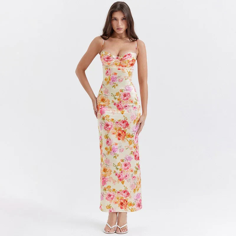 Sweetheart Spaghetti Strap Ruched Bust Floral Satin Column Maxi Dress