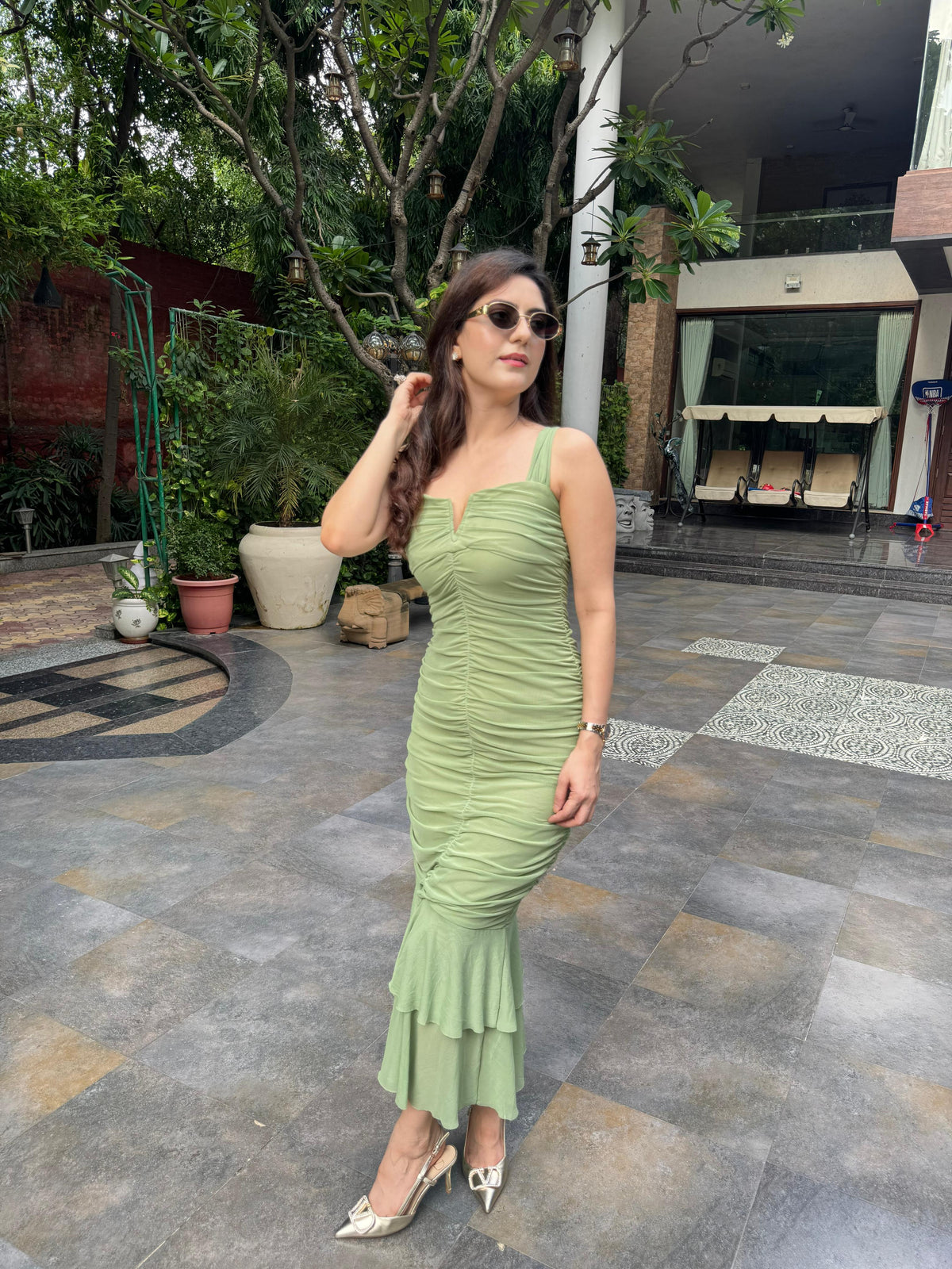 V Neck Ruched Tiered Flounce Mermaid Maxi Dress