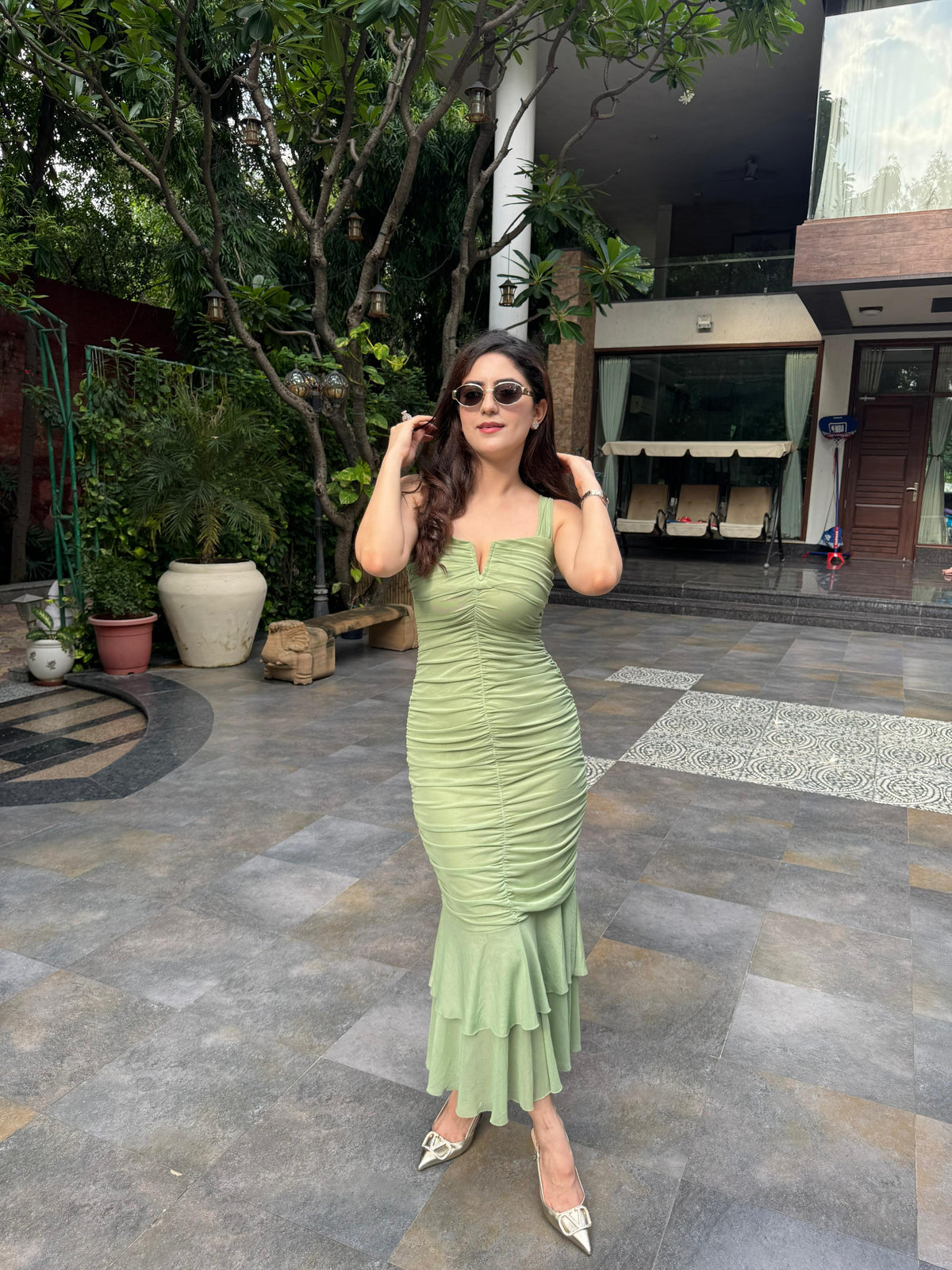 V Neck Ruched Tiered Flounce Mermaid Maxi Dress