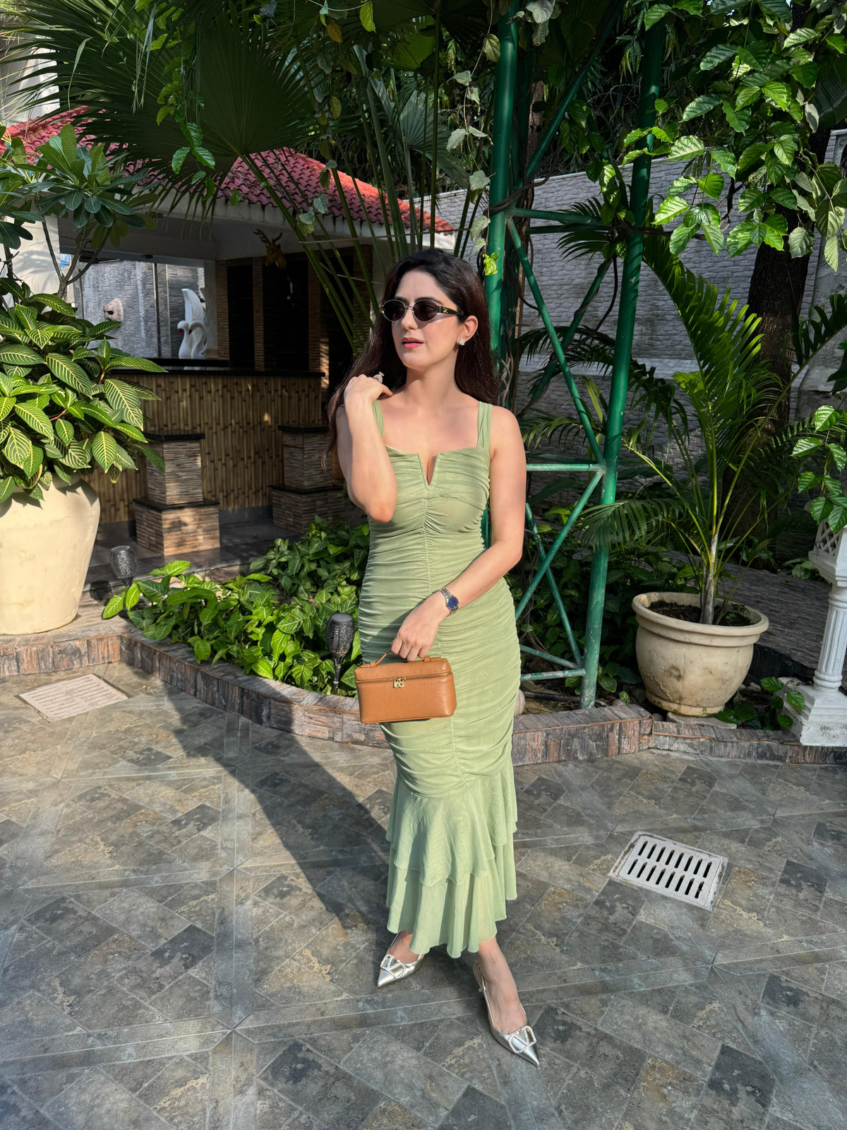 V Neck Ruched Tiered Flounce Mermaid Maxi Dress
