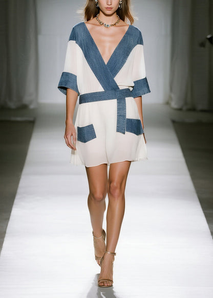 Kimono Sleeve Wrap Mini Dress with Denim Panel Belt and Patch Pockets