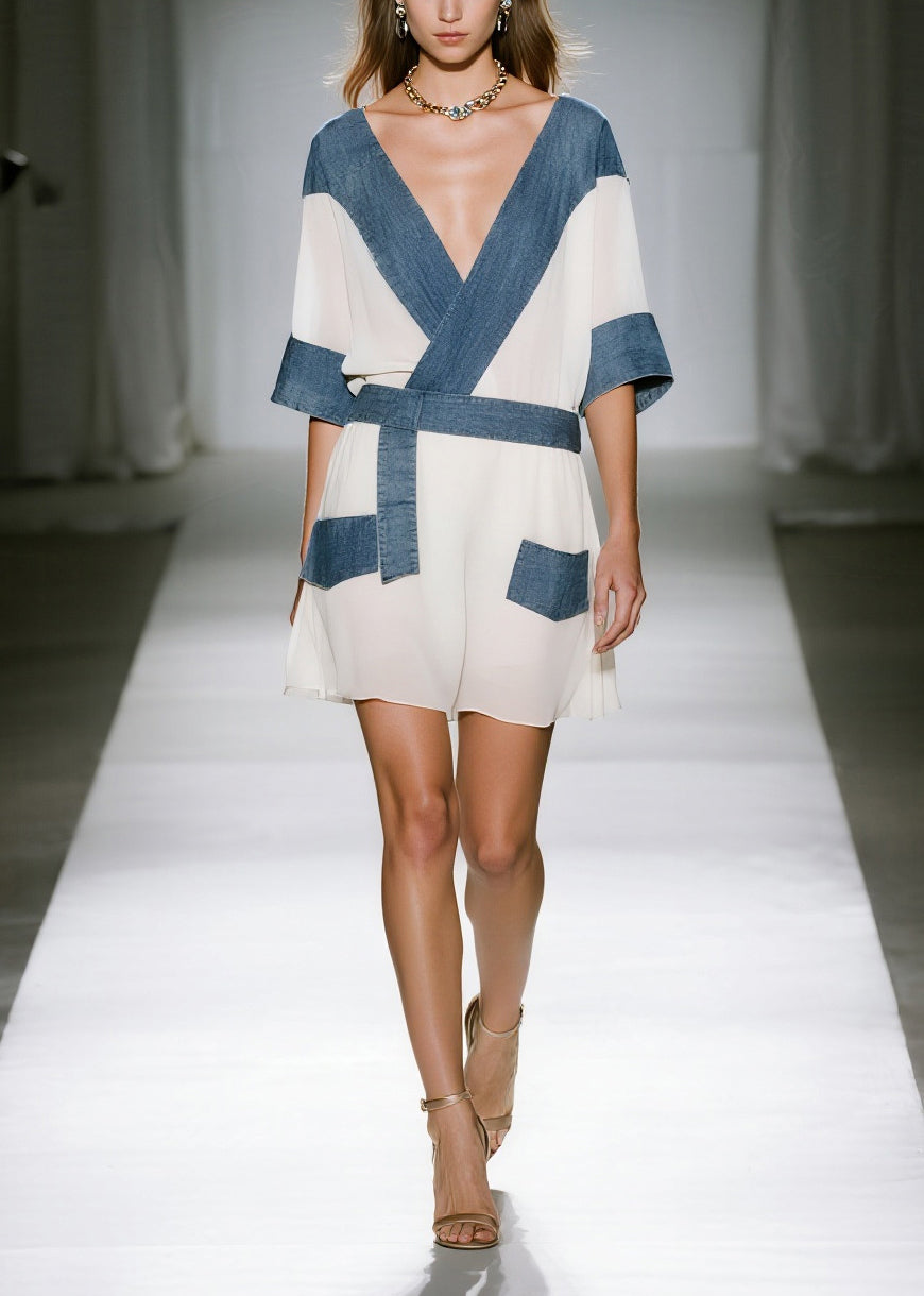 Kimono Sleeve Wrap Mini Dress with Denim Panel Belt and Patch Pockets