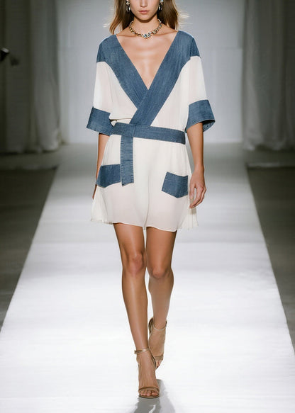 Kimono Sleeve Wrap Mini Dress with Denim Panel Belt and Patch Pockets