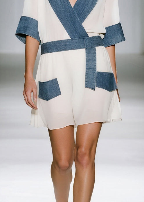 Kimono Sleeve Wrap Mini Dress with Denim Panel Belt and Patch Pockets